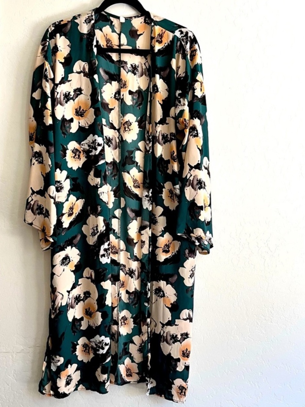 Pinkblush Teal Floral Satin Kimono Robe with Cream & Black Blooms